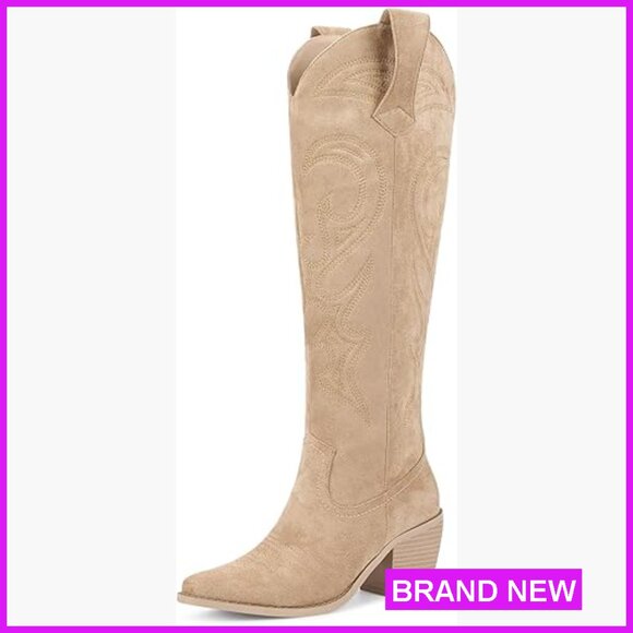 Knee High Cowboy Boots Western Embroidery Pointed Toe Mid Heel Zipper